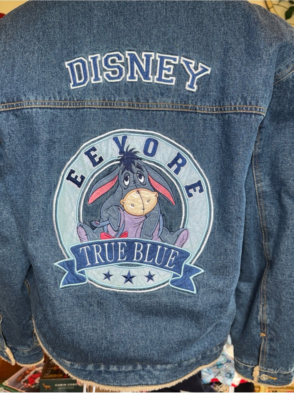 DISNEY Womens Eeyore True Blue Denim Jean Faux Fur Jacket Coat Size XL Sherpa